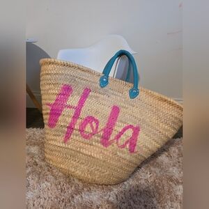 Misa Los Angeles Straw Tote with Pink 'Hola' Script and Teal Handles